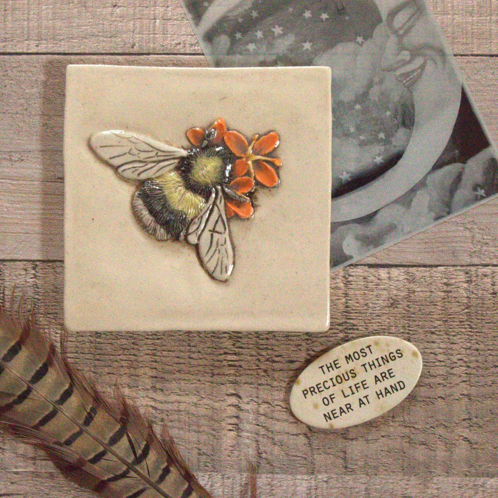 black, yellow and white bumble bee sitting on an orange flower