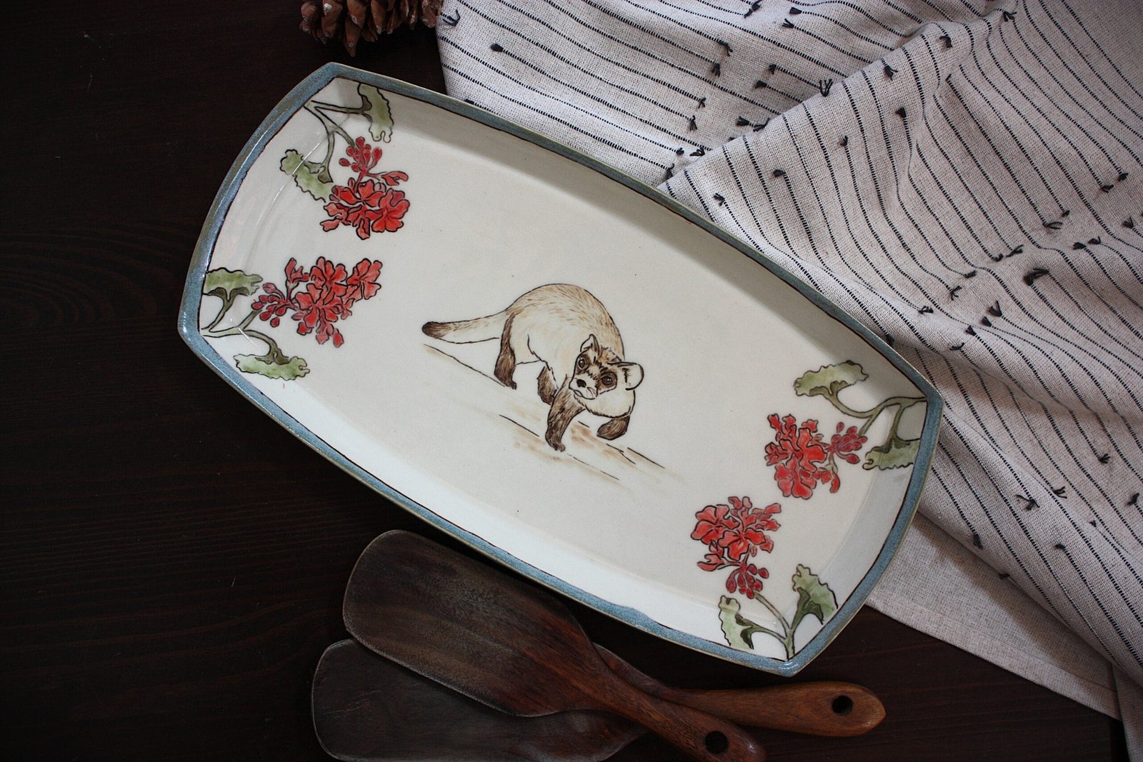 Black Ferret and Geranium flower ceramic platter