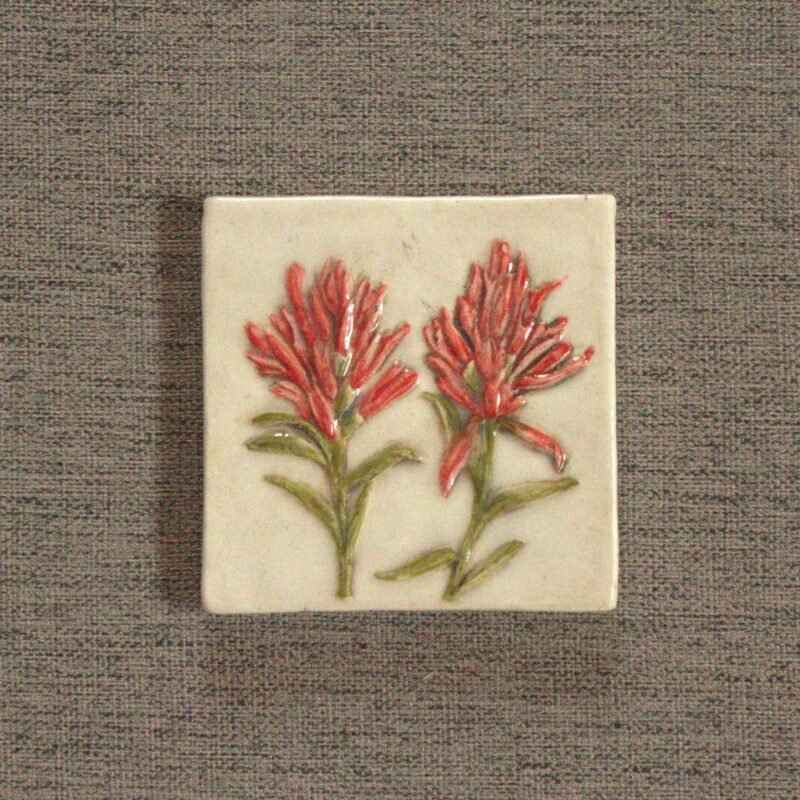 hand carved and hand painted 4 inch paintbrush flowers in red and sage green